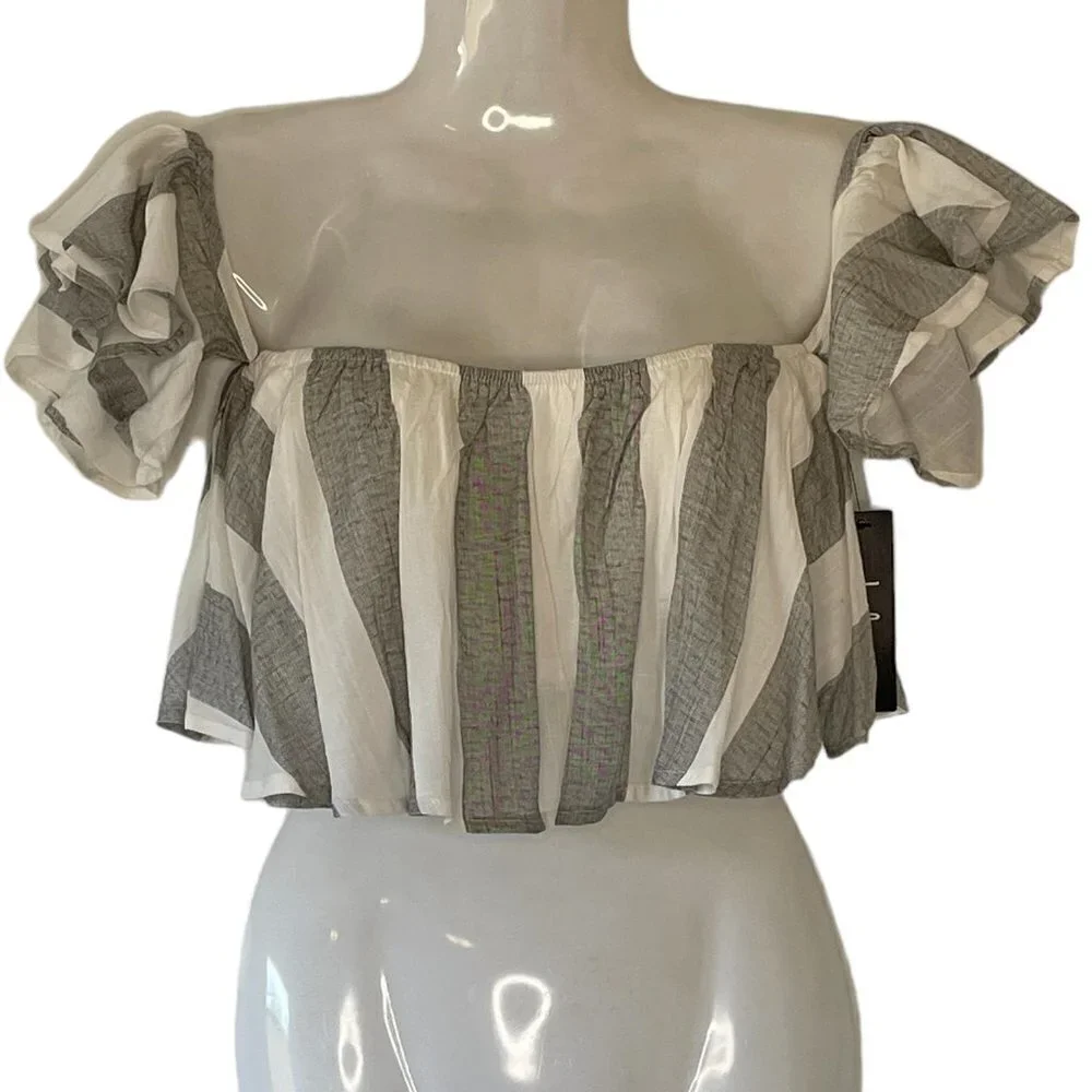 Lulu's Sea of Cortez Linen Blend NEW Grey and White Stripe Off Shoulder Crop XS - Picture 2 of 9